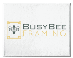 Professional logo design for BusyBee Framing, featuring a stylized bee icon inside a gold geometric frame next to the company name.