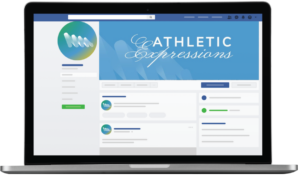 Laptop screen displaying the Facebook business page for Athletic Expressions, a sports performance coaching service based in California.