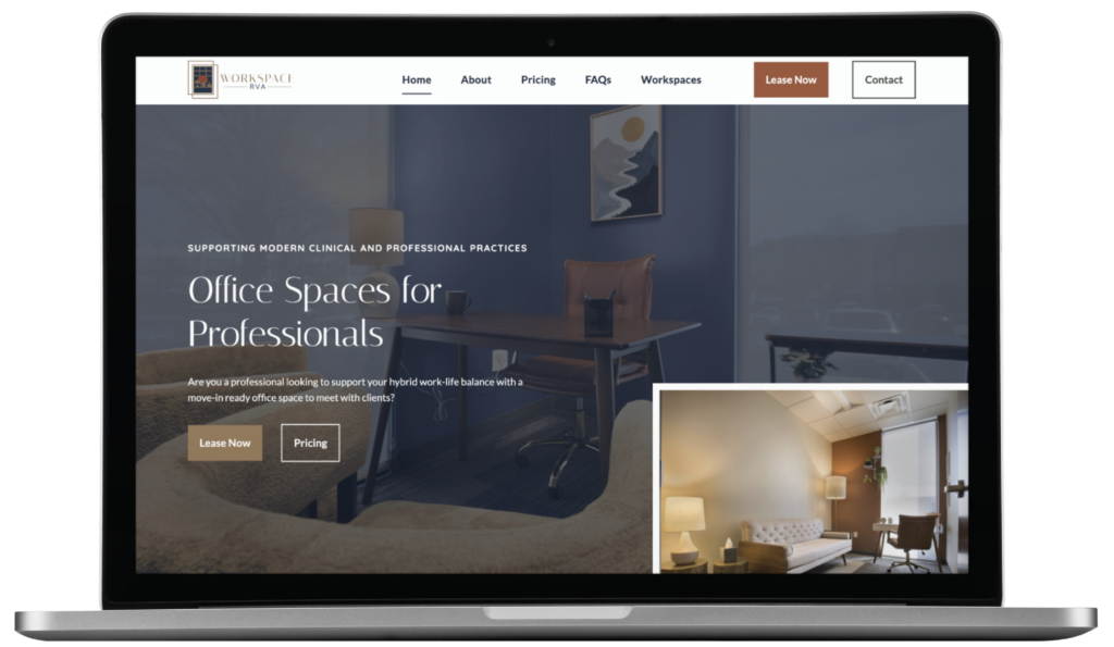A laptop displays a Minnesota office rental website, showing a modern office with desk, chair, and art. Lease Now and Pricing buttons stand out, with sleek Website Design navigation links at the top.