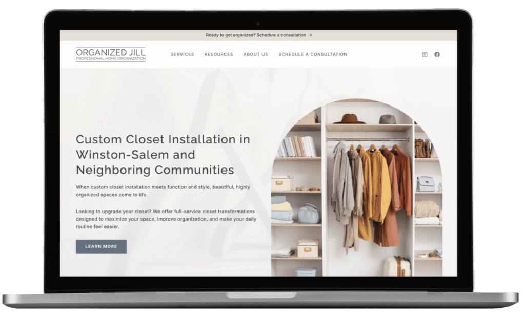 Laptop screen displaying the Organized Jill website, featuring text about custom closet installation and a photo of an organized closet, crafted by a professional website creation service.
