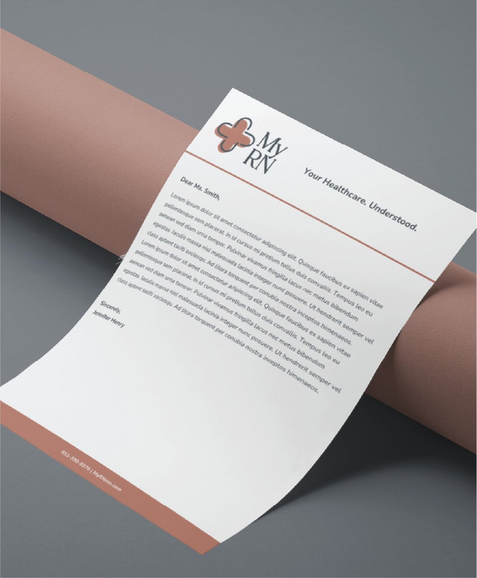 A sheet of stationery design for a Texas accountant, featuring the My RN logo, filler text, and contact information at the bottom.