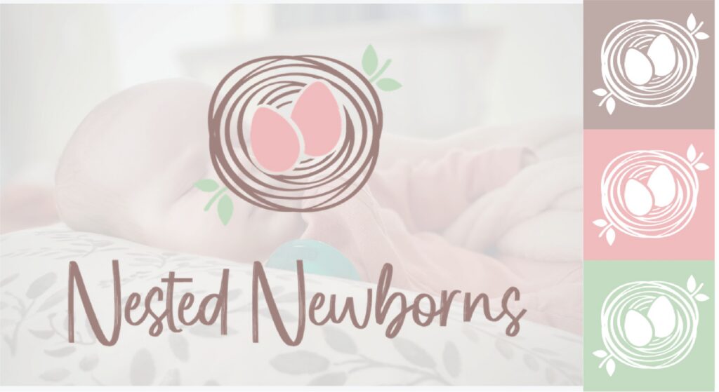 Logo for Nested Newborns featuring a line-art bird’s nest with two eggs over a sleeping infant, designed for a newborn sleep consultant.