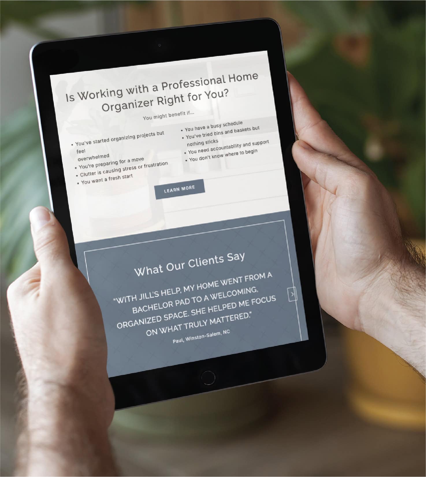 A tablet screen displaying a Virginia professional home organizers website, featuring a list of reasons to hire a professional and a testimonial from a client named Paul.