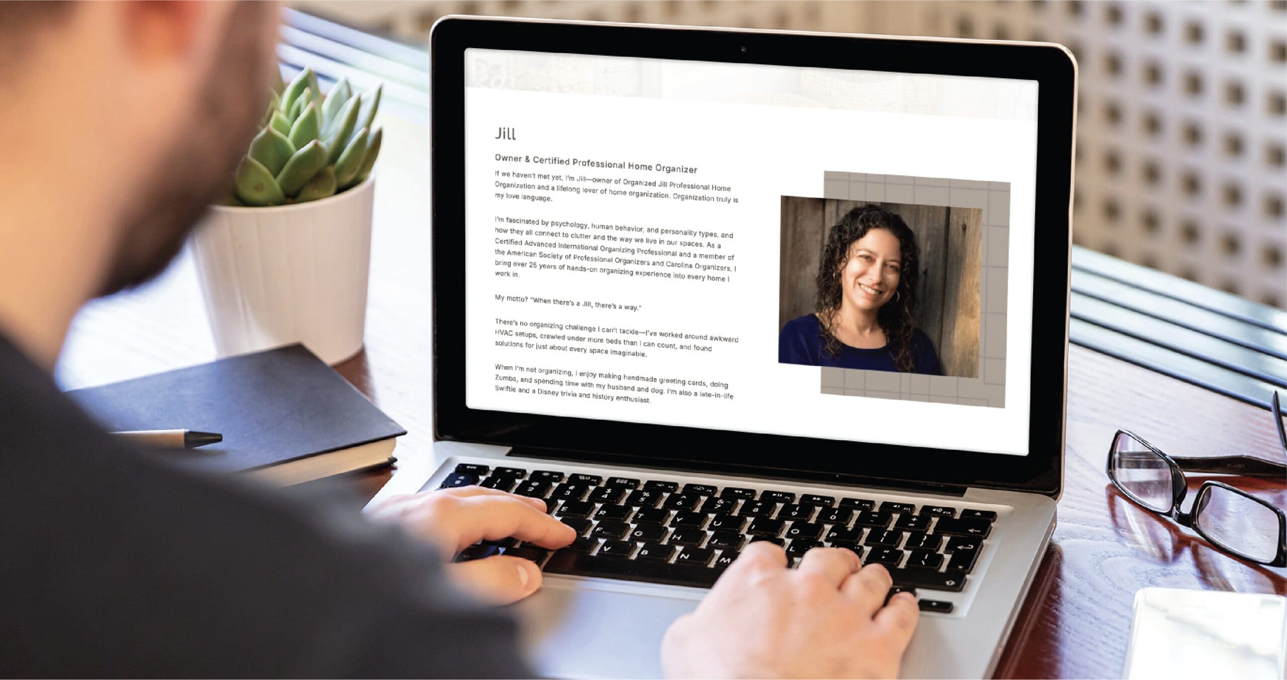 A person typing on a laptop displaying a professional About Me page for Jill, a Virginia organizer, featuring her biography and portrait.