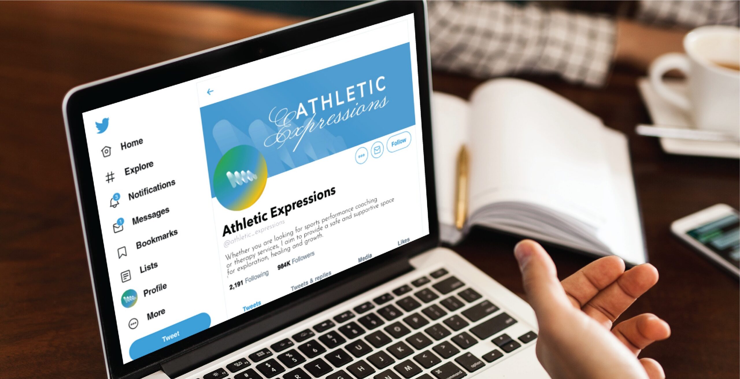 A laptop screen displaying the Athletic Expressions Twitter profile page for California sports coaching.
