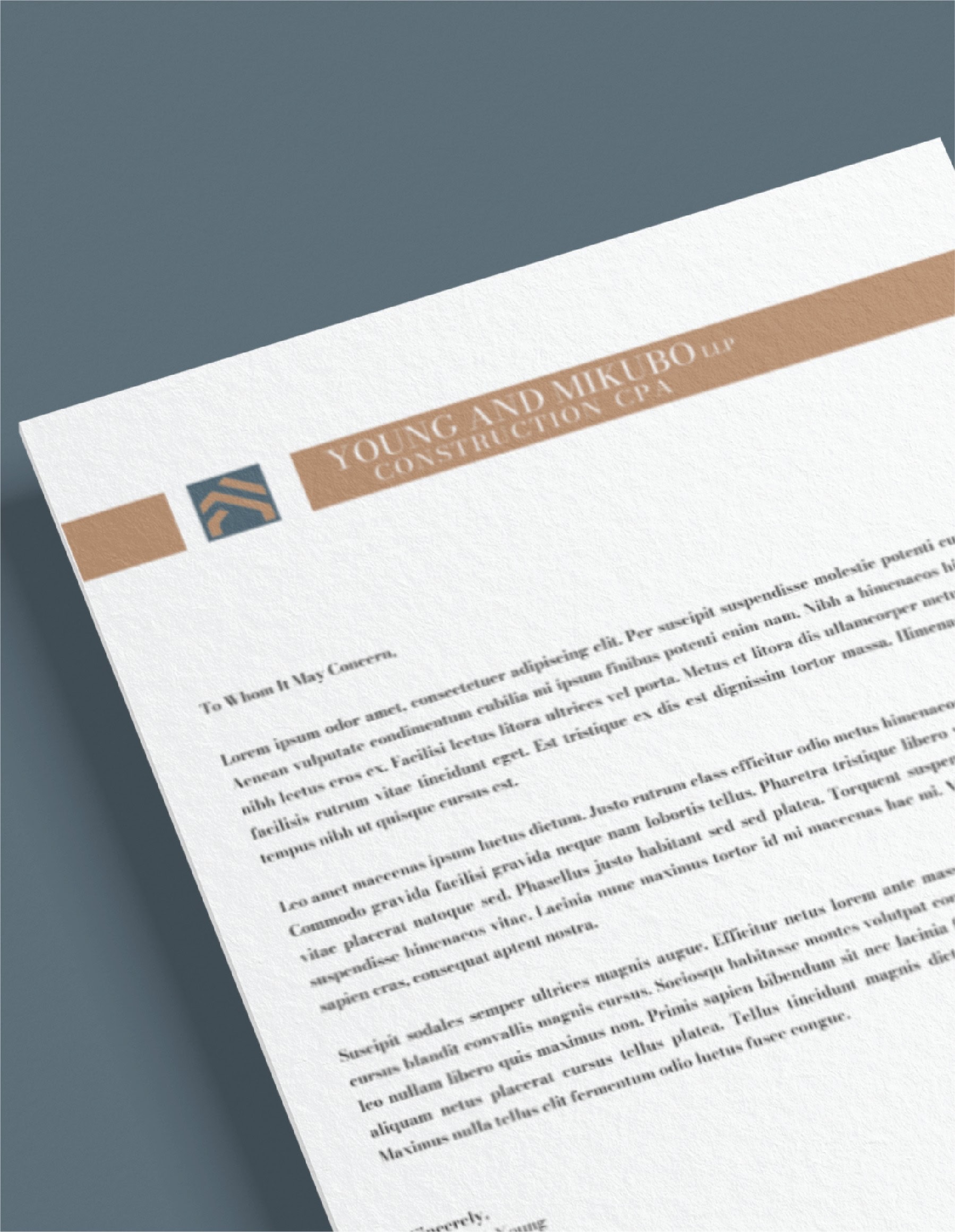 Letterhead for Young and Mikubo LLP, a construction CPA firm, featuring a logo, tan accents, and placeholder text for Texas accounting services.