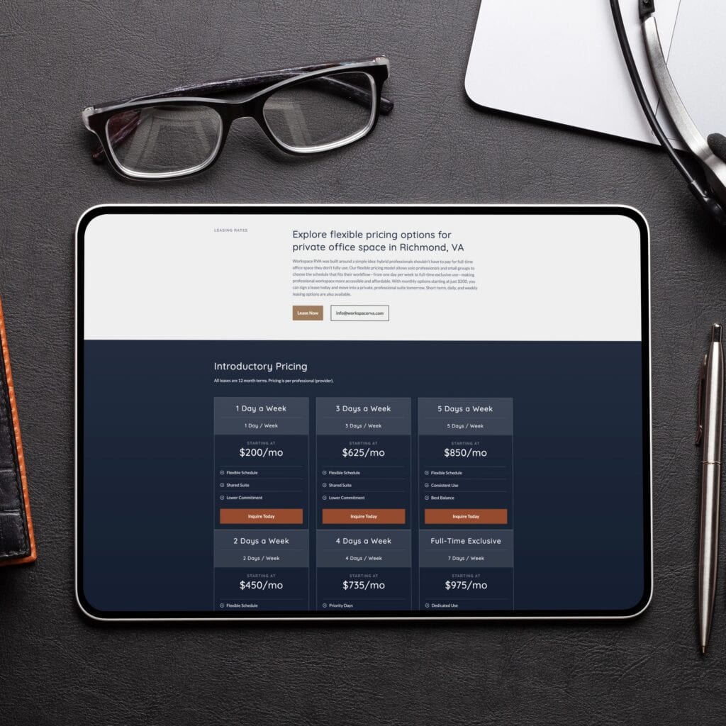 A tablet on a desk displays private office space pricing plans in Richmond, VA, alongside eyeglasses and part of a notebook and pen—ideal for RN Services or those seeking website design inspiration.