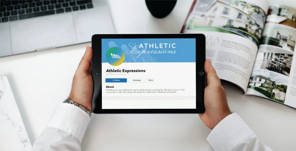 A person holds a tablet displaying the Athletic Expressions social media profile page for sports performance coaching.